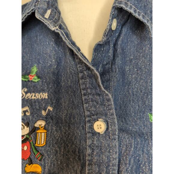 Walt Disney vtg 90s Mickey Minnie Christmas Holiday denim shirt XL - Picture 4 of 12